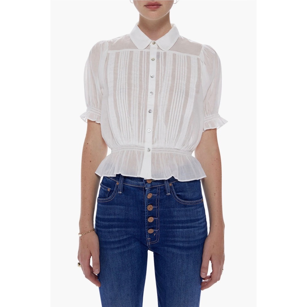 MOTHER Pins & Needles Cotton Button-Up Top L White Pintuck Smocked Victorian
